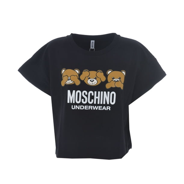 Moschino MOSCHINO Women's Black Bear Short Sleeve Logo Crop TShirt
