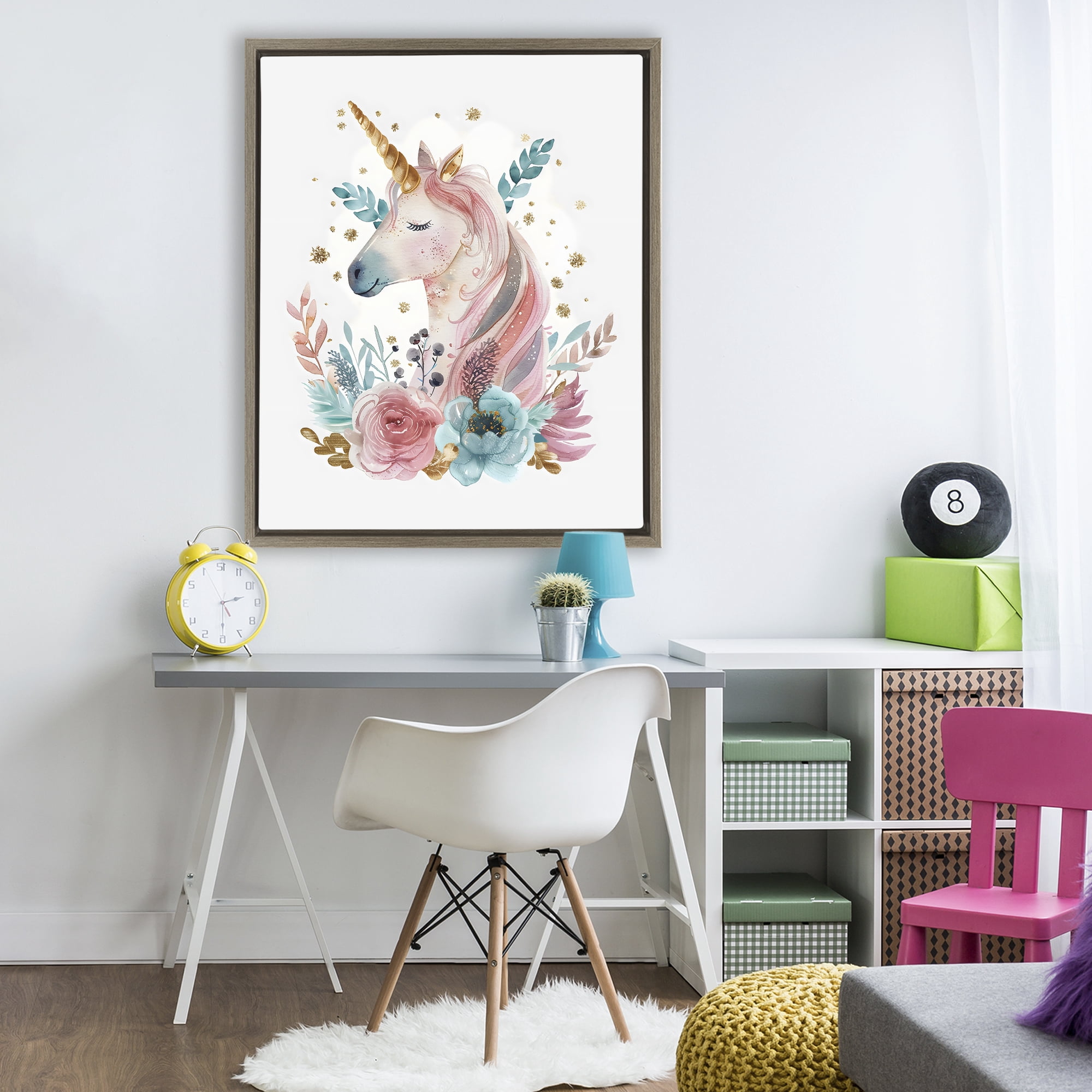 Stupell Industries Floral Unicorn with Gold Details Brown Framed Floater Canvas Wall Art, design by LSR Design Studio