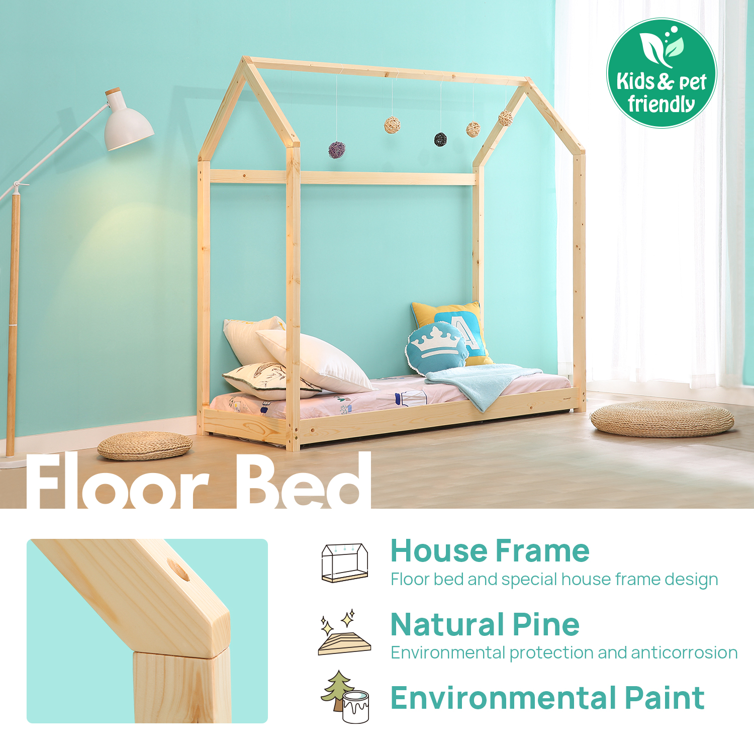 Walsport Children Toddler Bed Premium Wooden Floor Bed Kids Tent