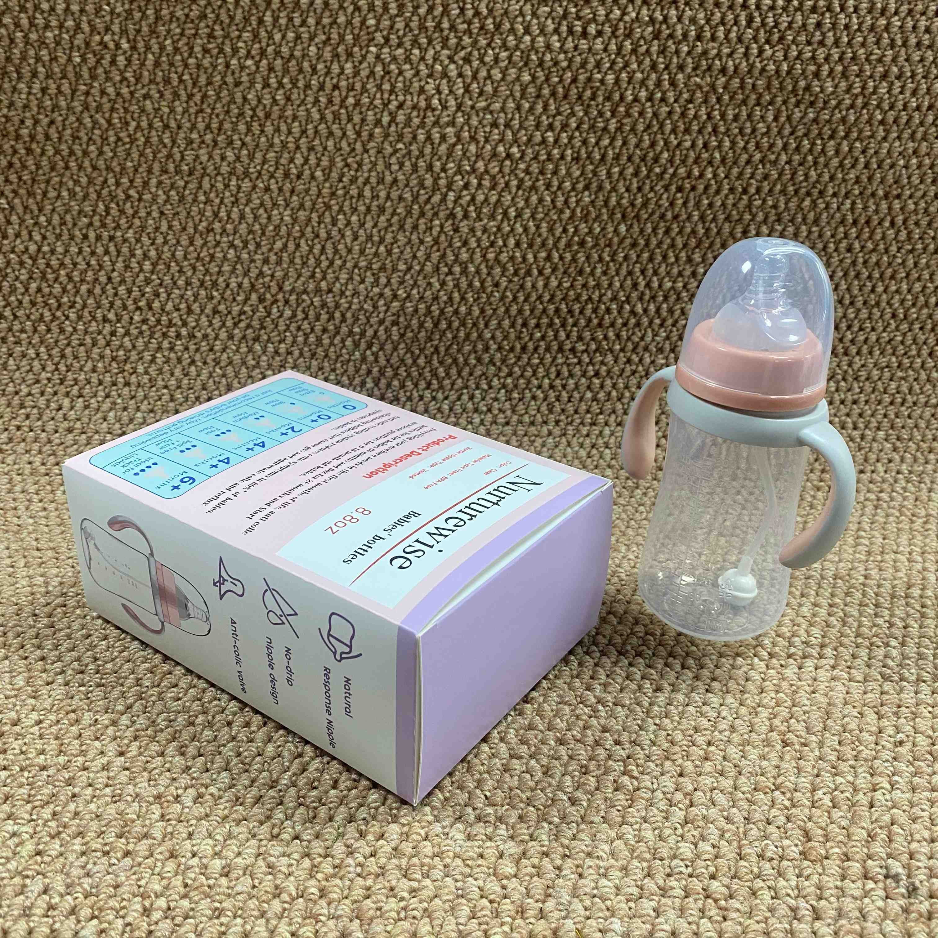 Nurturewise Babies' bottles,Bottle with Natural Response Nipple, Wide Neck Bottles with Handle, Newborn Anti-Colic Bottles Gift Set, Clear (8.8oz)