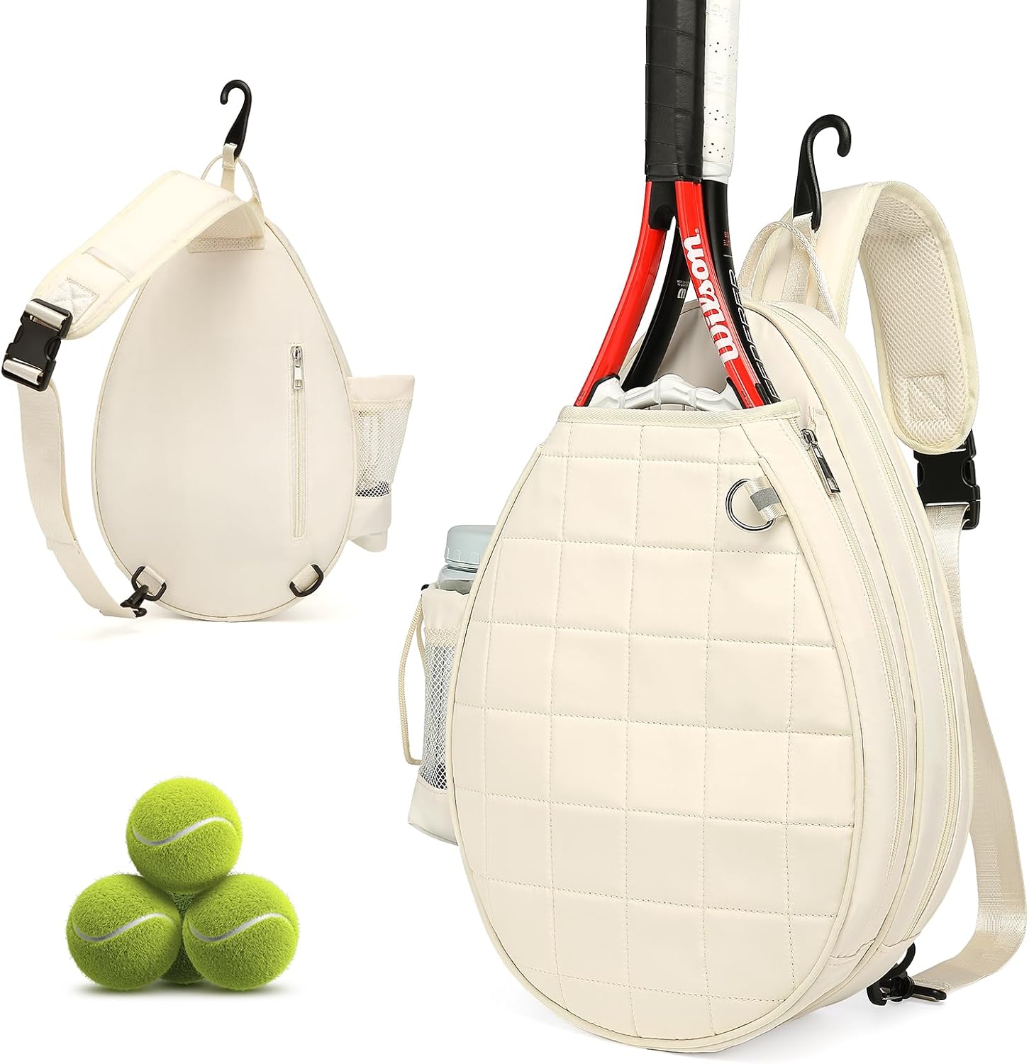 Quilted Tennis Backpack for 2 Rackets, Sleek Waterproof Sling Bag with Security Pocket for Tennis, Pickleball & Padel, Crossbody Sport Bag for Men & Women