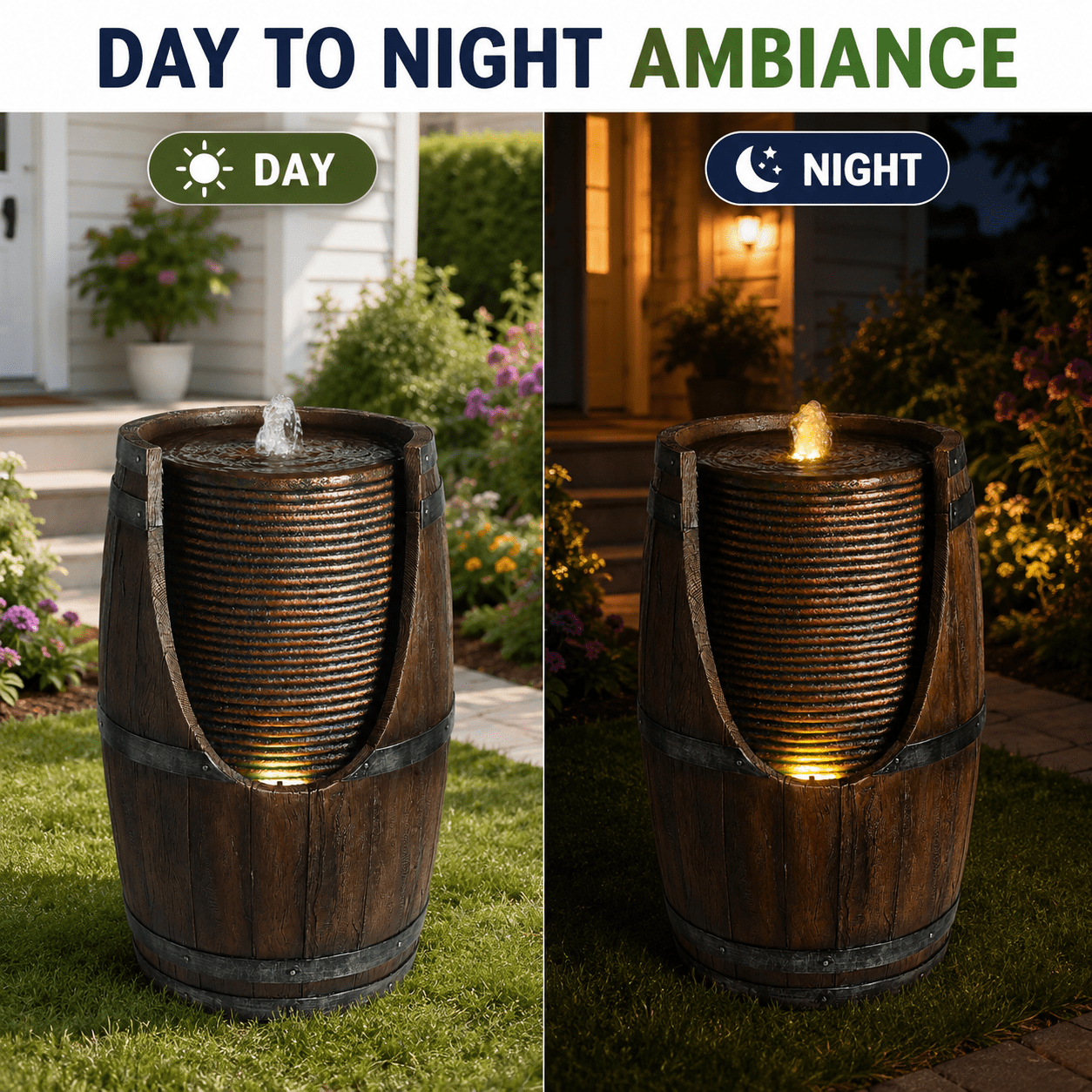 Aukfa Farmhouse Barrel Outdoor Water Fountain with LED Lights for Patio Garden Yard,Brown