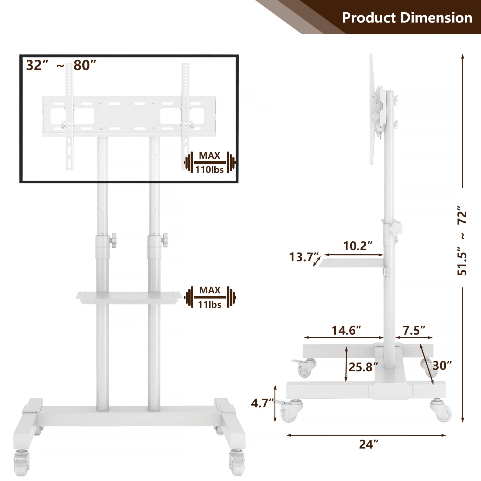 Mobile Rolling TV Stand with Laptop Shelf for 32-83 Inch TVs, Height Adjustable TV Cart with ±15° Tilt, Lockable Wheels,White