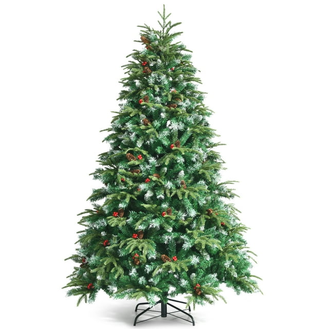 Patiojoy 7FT Hinged Life-Like Christmas Tree W/ 450 LED Lights Pre-Lit Artificial Xmas Tree W/ 1315 PE & PVC Leaves