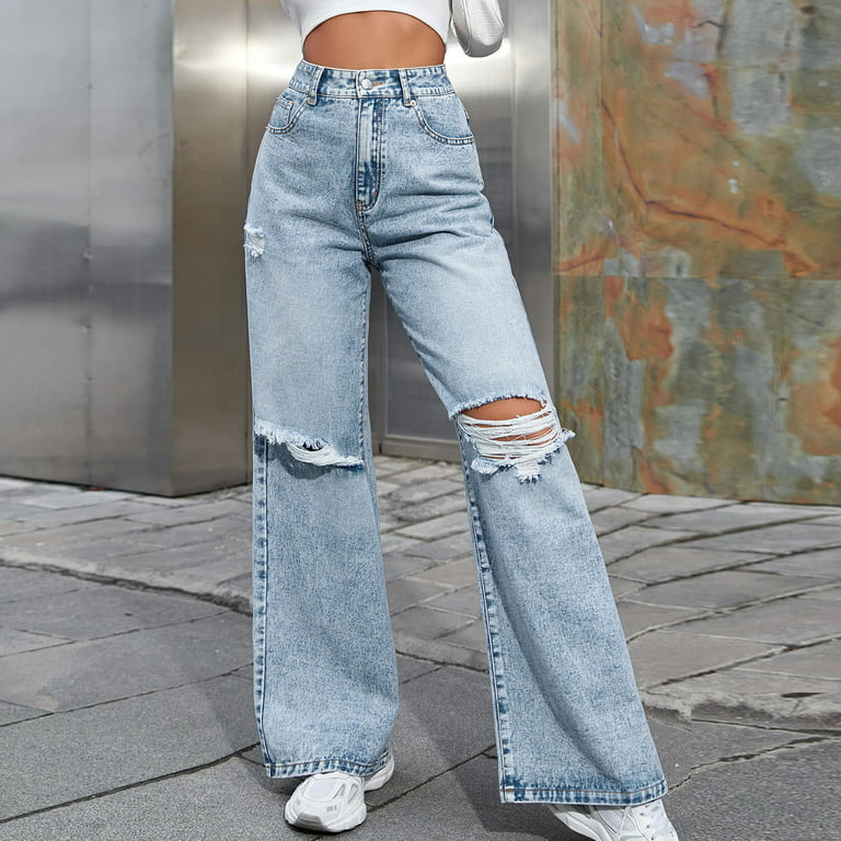 Trendy Jeans for Women Wide Leg Ripped Jean Y2k 90s Knee Distressed Denim  Long Pants High Waist Retro Trousers (Large, Blue)