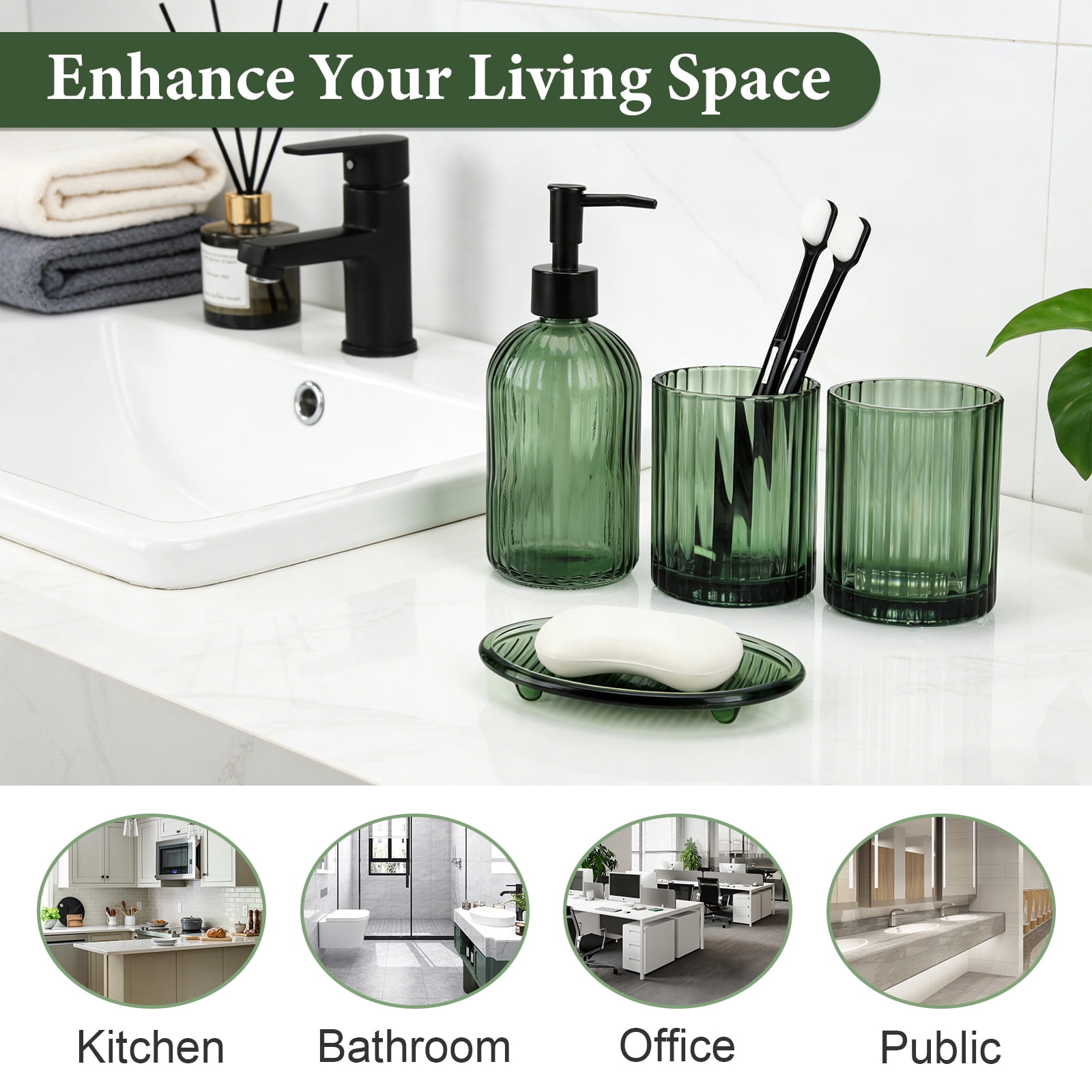 Bathroom Accessories Set, 4Pcs Bathroom Glass Soap Dispenser Set ,with Soap Dispenser , Soap Dish, Tumbler,Green