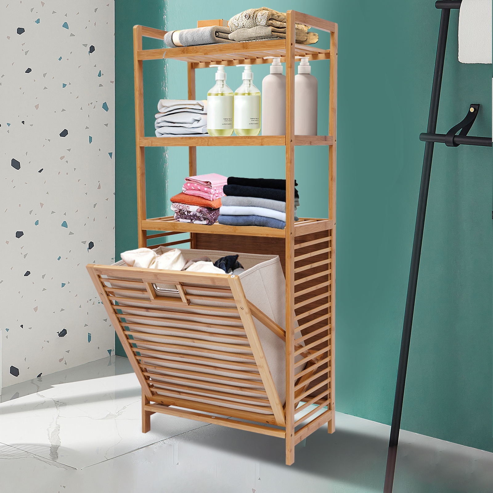 YIYIBYUS 3Tier Laundry Storage Basket Floor Standing Bamboo Dirty