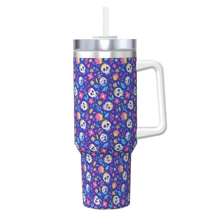 

Zeuib colorful Skull flower leaf Printed Insulated Stainless Steel Hot/Cold Coffee Cup 40oz Ice Bully With Handle Tumbler with Straw and Handle Insulated Water Bottle Travel Mug Cup