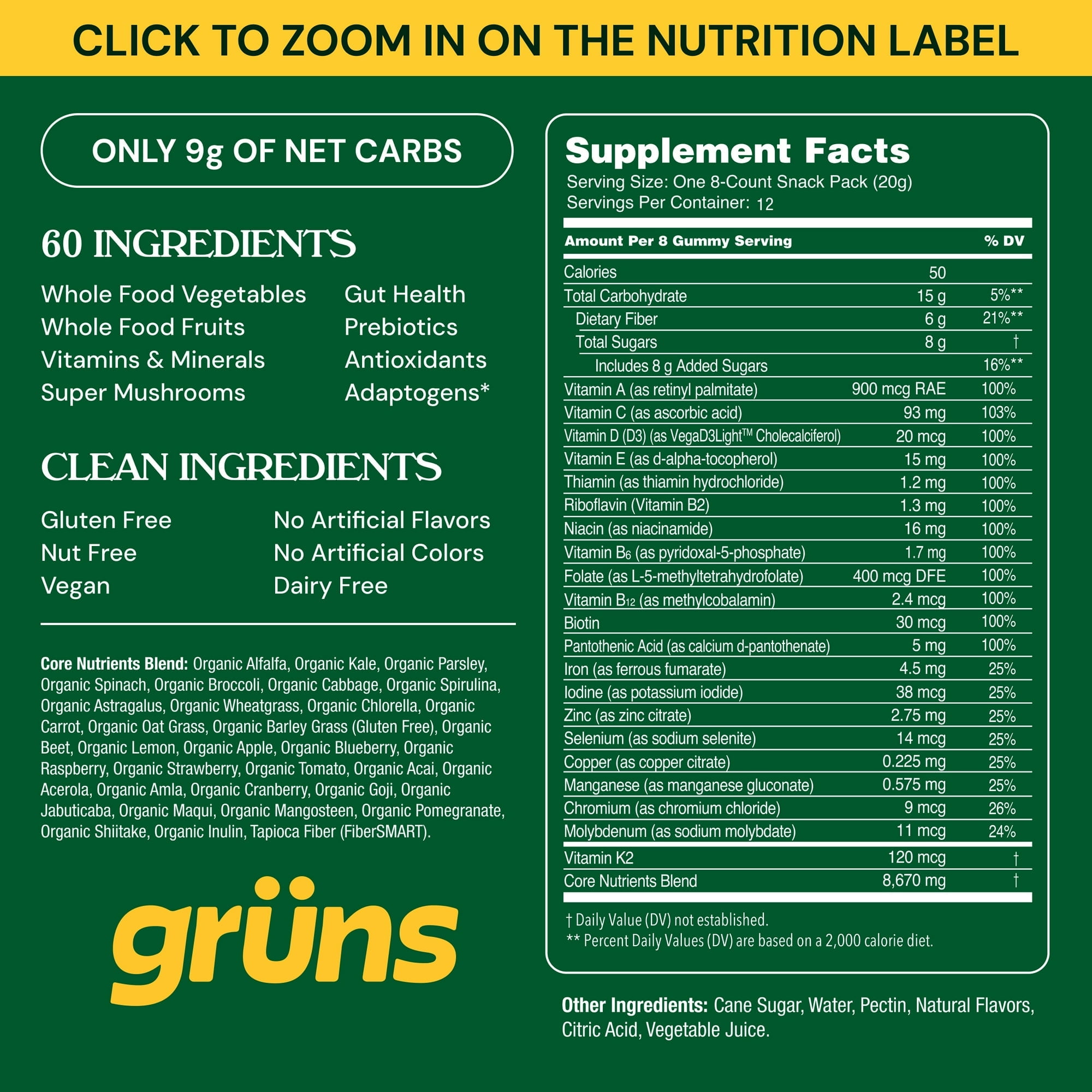 (2 pack) Gruns Adult Superfood Greens Gummies, with 60 Organic Ingredients, 21+ Vitamins & Minerals, Prebiotics and Fiber for Digestion, Adaptogens, Spirulina & Chlorella, 12 Servings