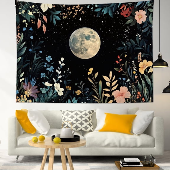 HVEST Moon Floral Plant Tapestry Wall Hanging Boho Flower Botanical Wall Tapestry for Bedroom Vintage Black Aesthetic Tapestry for Living Room College Dorm Home Decor,59x51 inch