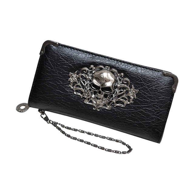 Cartera de mujer, versión coreana, larga, estilo retro, estilo punk, con estampado de calaveras y lunares (negro)