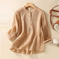 thumbnail image 4 of Xihbxyly 3/4 Sleeve Tshirts Shirts for Women Plus Size Women's Cotton Linen Button Short Sleeve Shirts Summer Loose Crew Neck Casual Boho Top Vintage Embroidered Blouse Tops, 4 of 6