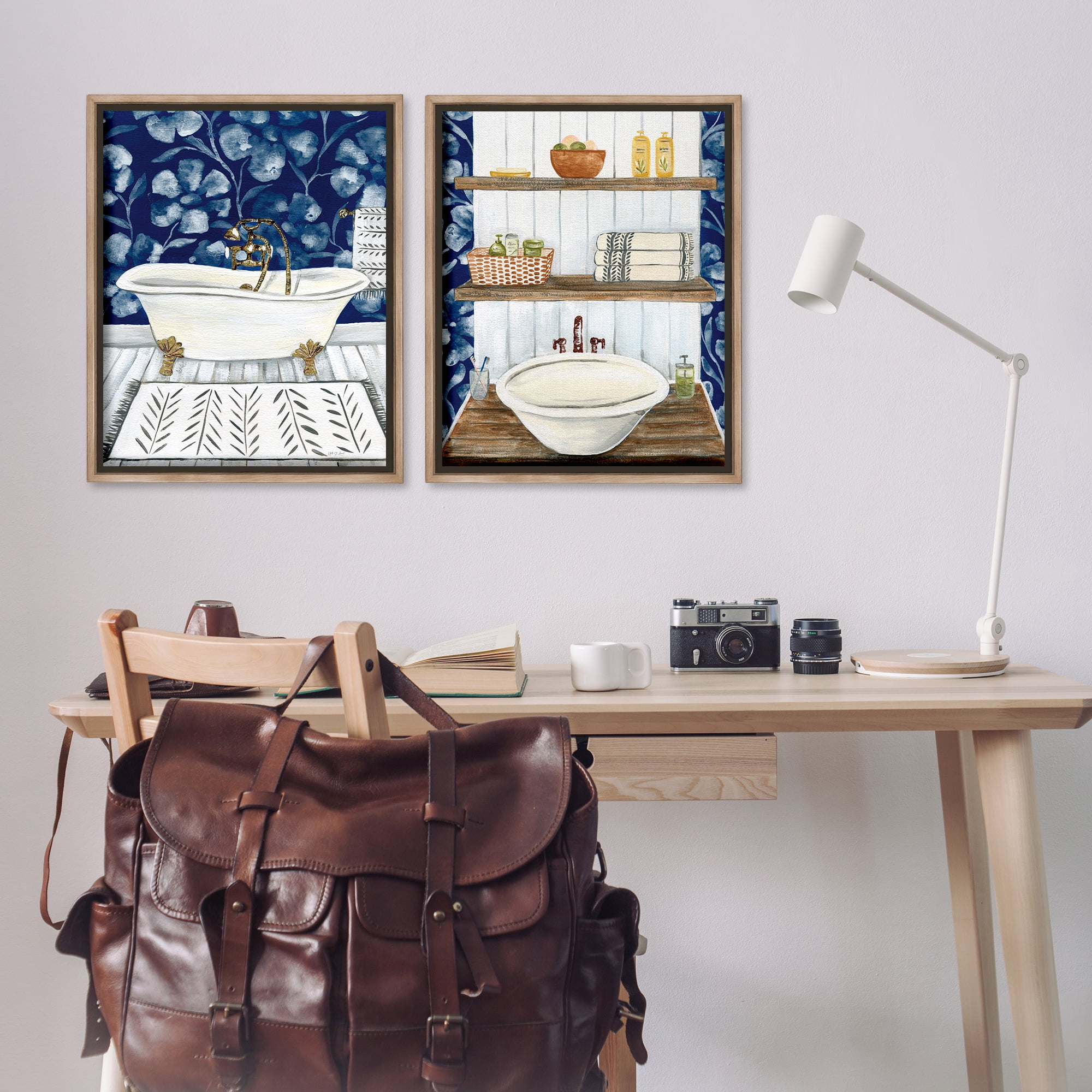 Stupell Industries Bold Painted Farmhouse Bathroom Bath & Laundry Painting Brown Floater Framed Canvas Art Print Wall Art, 31 x 25, Set of 2