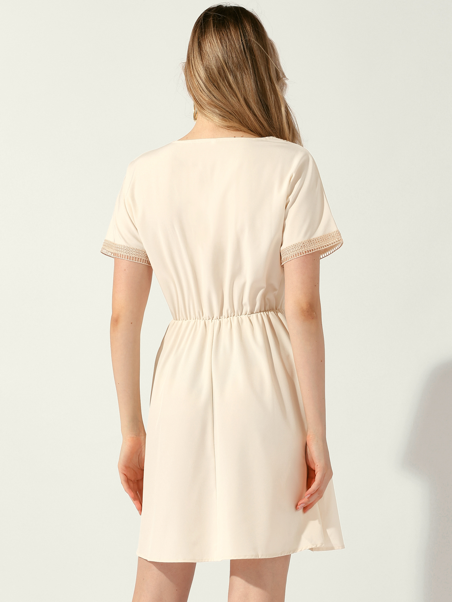 DARING DIVAr Boho Crochet Trim V Neck Tassel Casual Dress S Beige