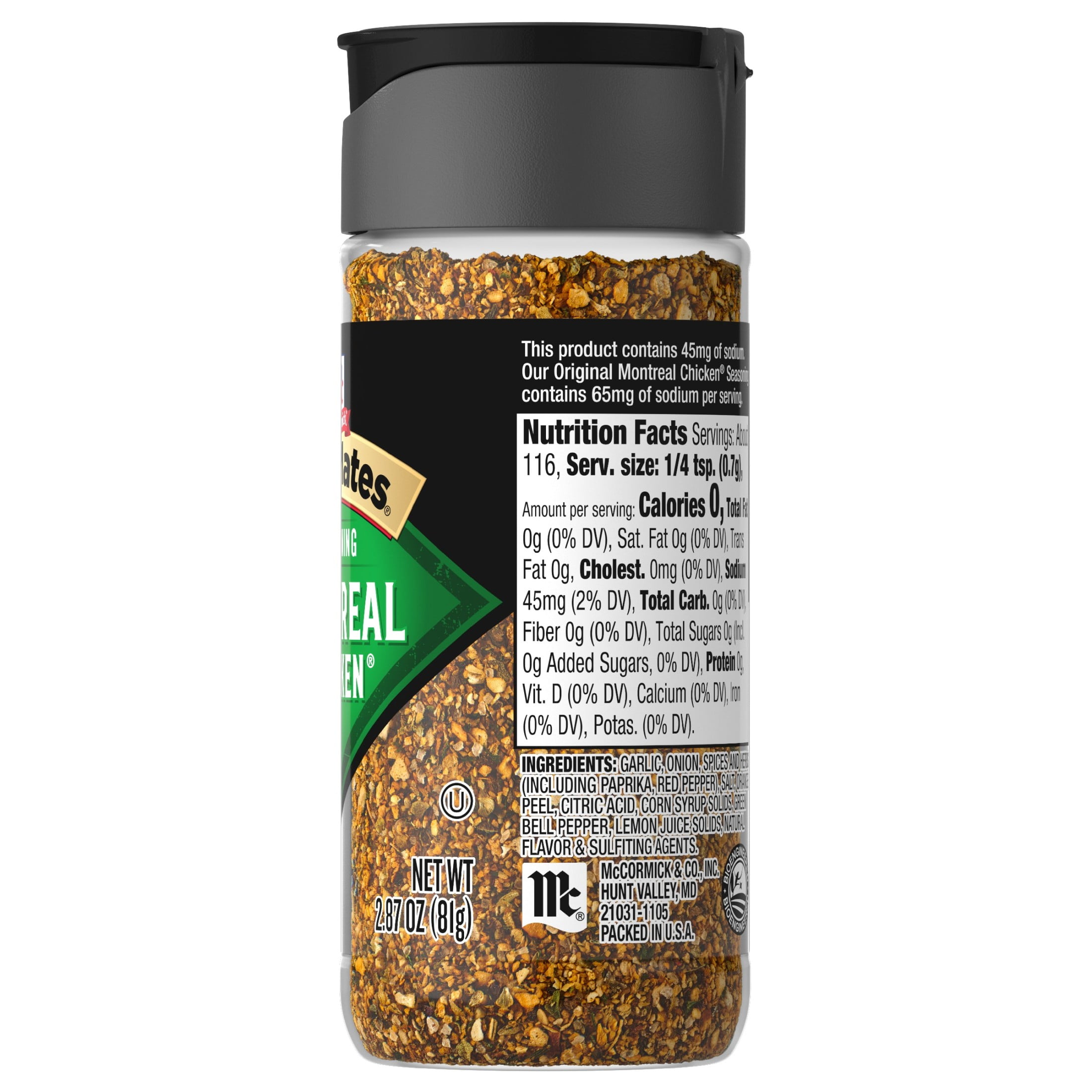 (6 pack) Grill Mates 25% Less Sodium Montreal Chicken Seasoning, 2.87 oz Bottle