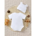 thumbnail image 4 of Kucnuzki Newborn Baby Boy Clothes 0 Months Summer Jumpsuit Bodysuit 1 Months Short Sleeve Bear Print Round Neck Triangle Romper Bodysuit Hat 2PCS Set White, 4 of 9