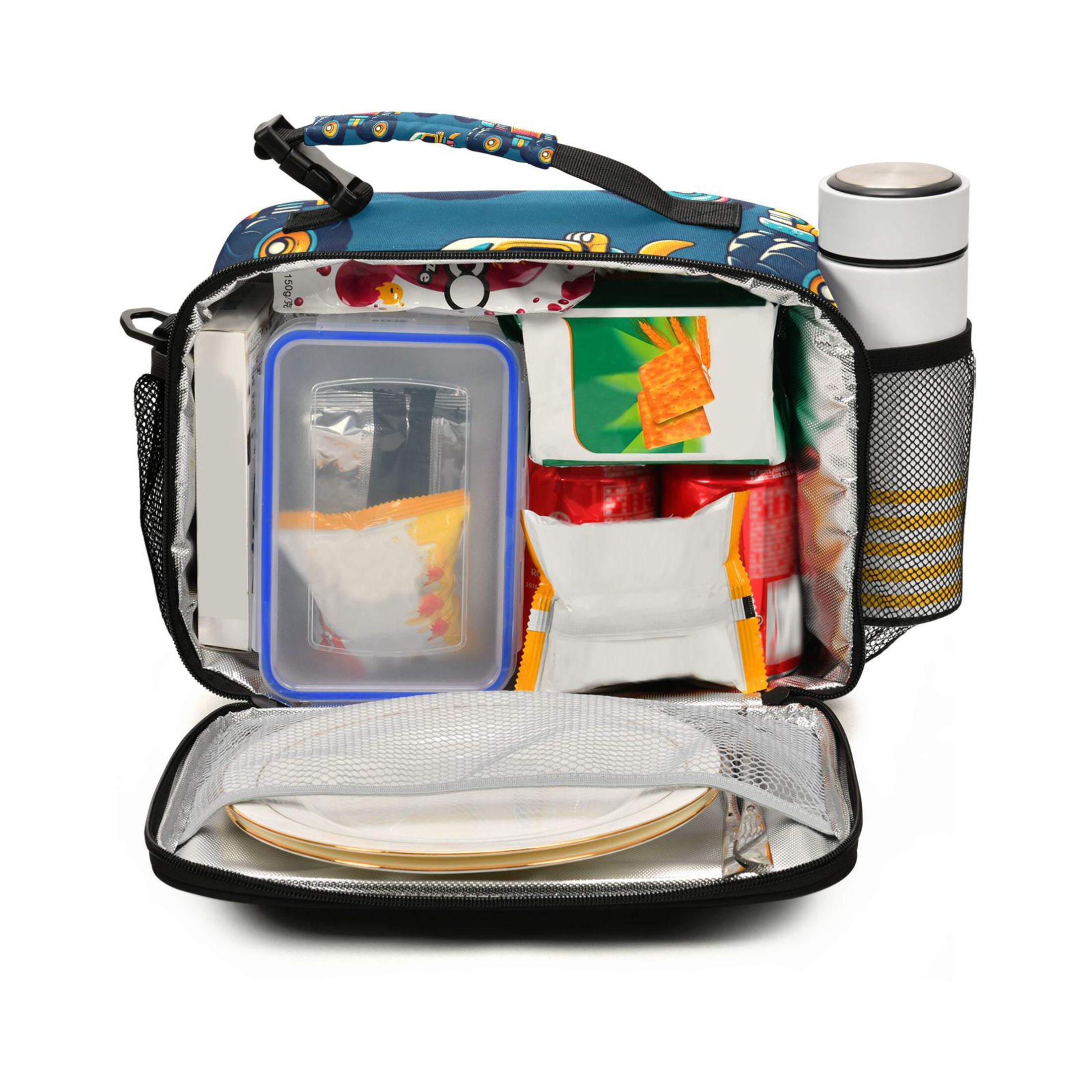 ALAZA Cartoon Car Vehicles Lunch Box Insulated Cooler Bag Reusable Tote Bags Shoulder Strap