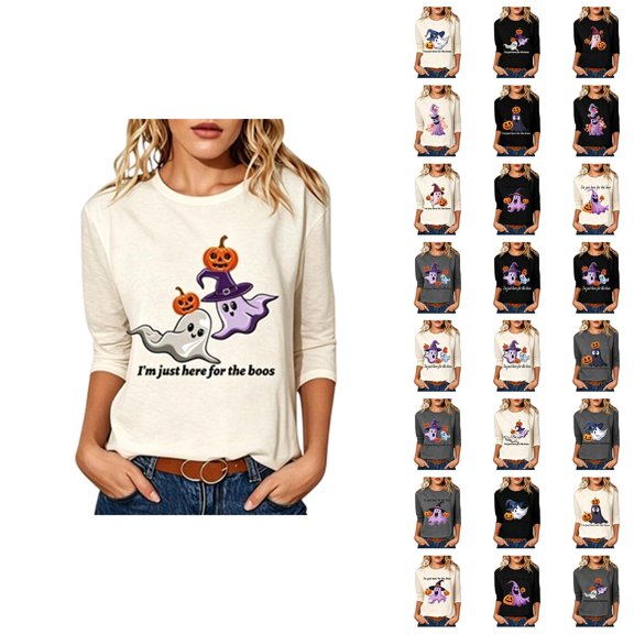 Halloween Shirts for Women 3/4 Sleeve Casual Crewneck Funny I'm Just Here for The Boos Graphic T Shirt Halloween Tops