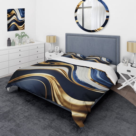 Designart "Waves of Blue and Gold Geode V" Abstract Bedding Covert Set - Modern Blue Bed Set With 2 Shams