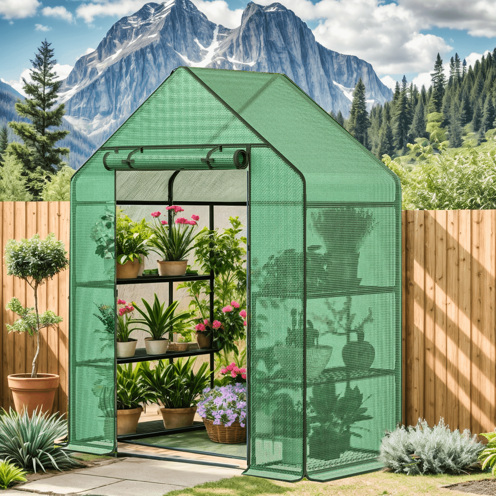 Gaptain Small Greenhouse with Anchors and Ropes, 3 Tier 4 Wired Shelves Indoor and Outdoor Greenhouse for Garden/Patio/Backyard/Balcony, Green PE Cover Easy to Assemble