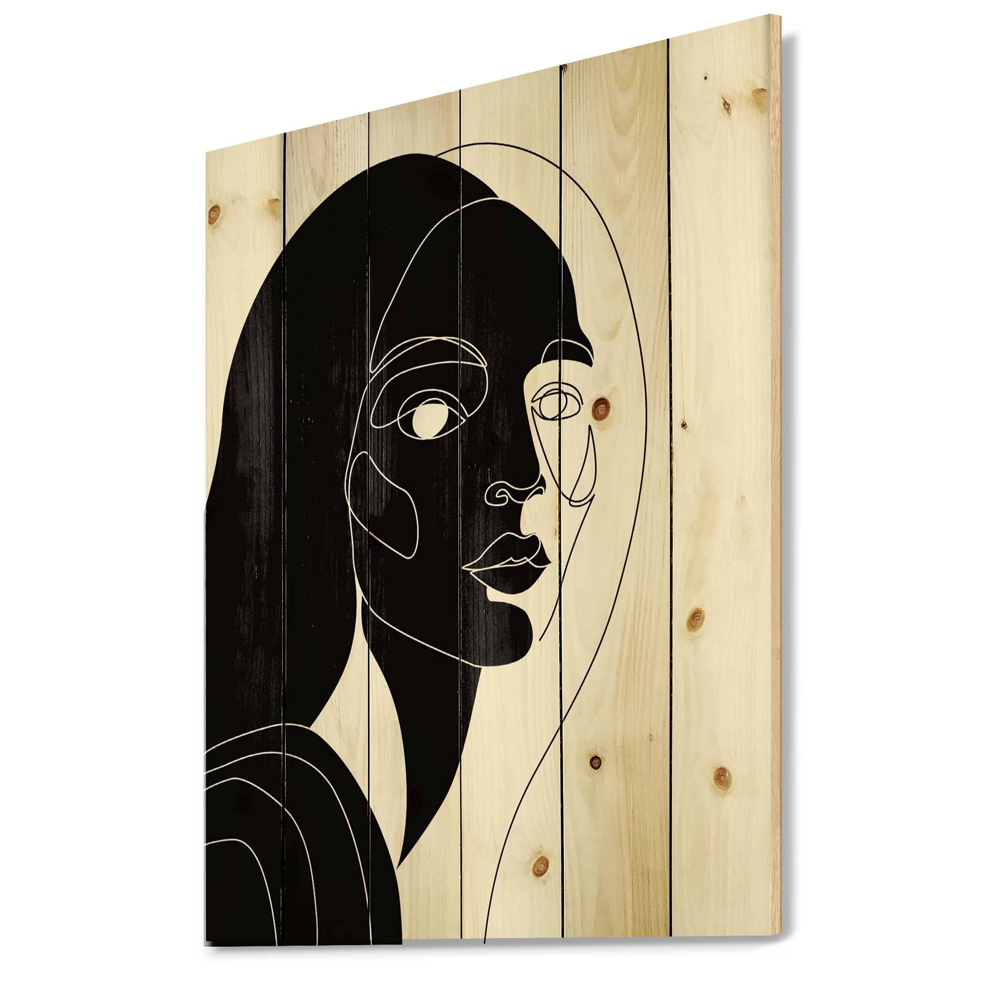 Designart 'Retro Black and White Minimal Portrait of Young Girl' Modern Print on Natural Pine Wood
