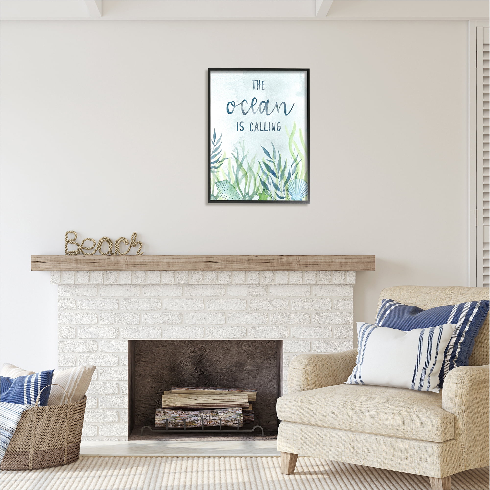 Stupell Industries Ocean Calling Phrase Animals & Insects Painting Black Framed Art Print Wall Art, 24 x 30