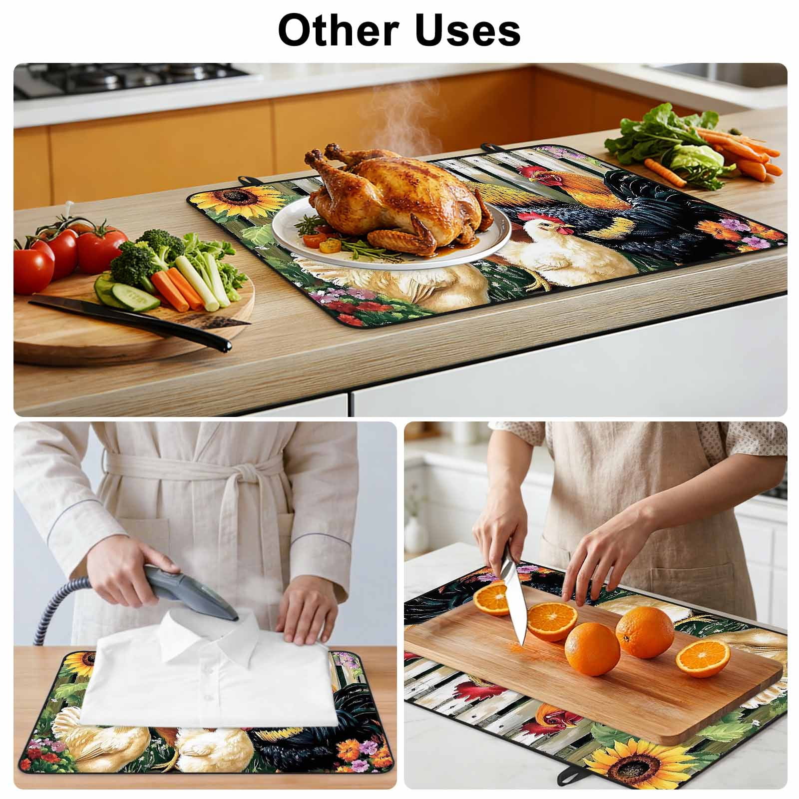 Retro Rooster Stove Top Cover for Electric Stove, Heat-proof & Non Slip Glass Top Stove Cover Protector, Farmhouse Watercolor Animals Floral Kitchen Flat Cooktop Rubber Mat 24x21 Inches