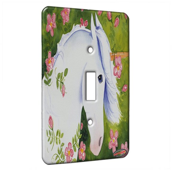 KuzmarK™ Single Gang Toggle Switch Wall Plate - Blue Eyed Unicorn with Pink Roses Art by Denise Every