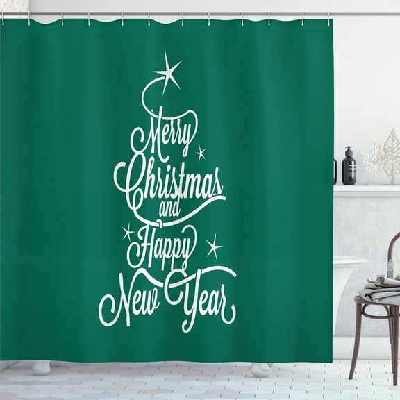 Ambesonne New Year Shower Curtain, Merry Christmas Text Tree, 69"Wx70"L, Forest Green White