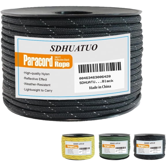 SDHUATUO 100ft 550lb Type Iii Nylon Paracord Rope, 7-Strand Core, Reflective Utility Survival Camping Rope, Black