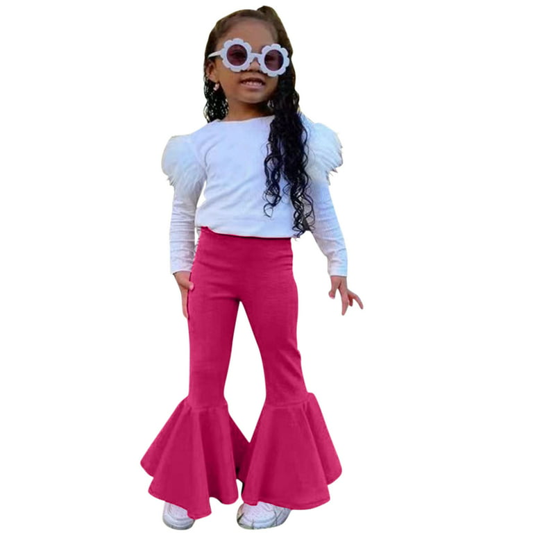 Toddler Girls Long Sleeve Solid Ribbed T Shirt Tops Bell Bottoms