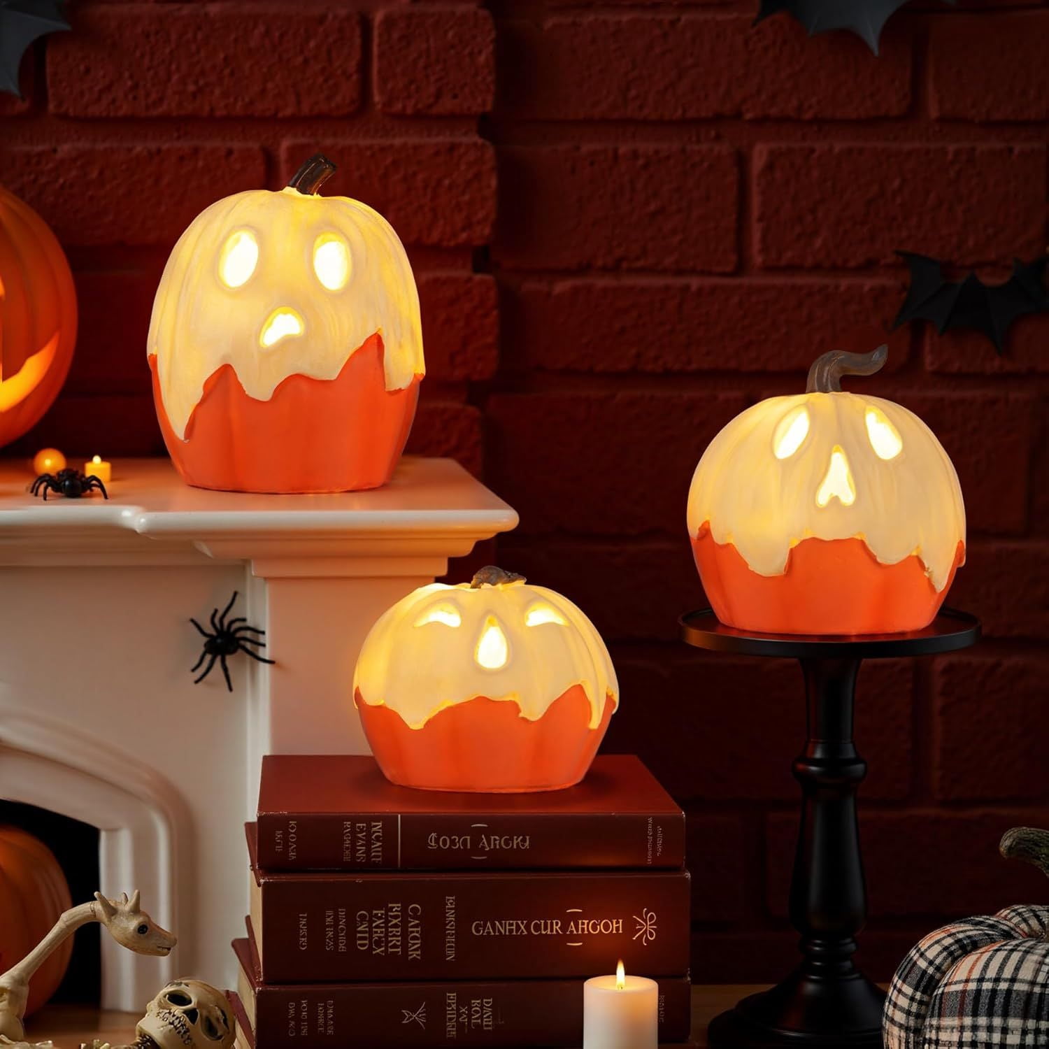 3 Pack Light Up Ghost Pumpkin Decorations with Warm Glow for Halloween