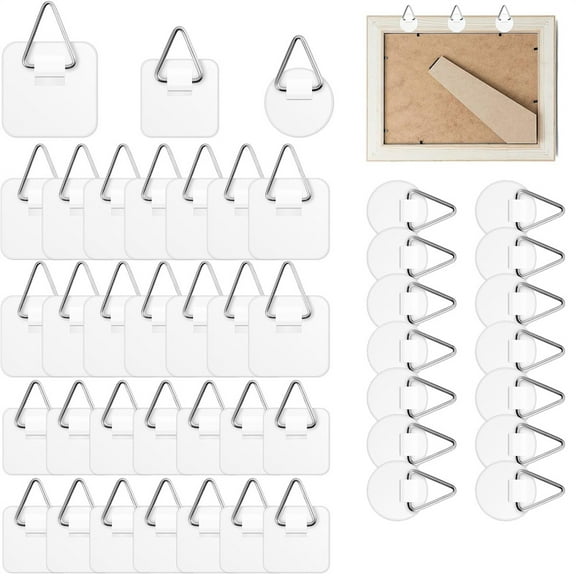 Duslogis 45 Pcs Adhesive Picture Hanger Foamboard Picture Hanging Hooks Without Nails Plastic Sticky Hangers for Home Wall Art Photo Frame Bathroom Closet Kitchen Door in 3 Sizes, White
