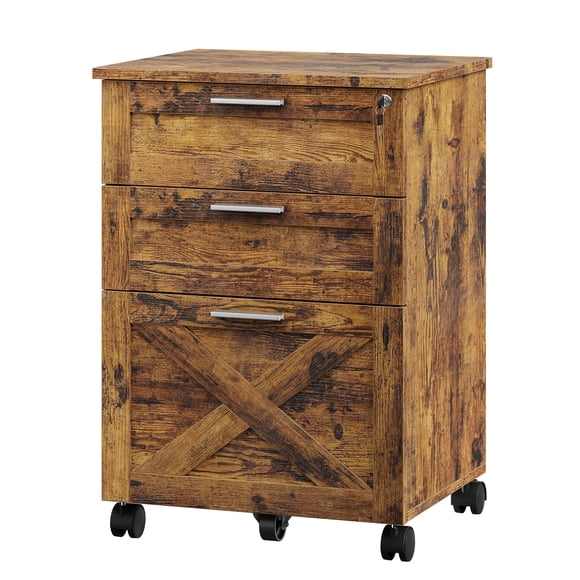 File Cabinet 3 Drawer Mobile - Locking Wood Storage Organizer with Wheels, Fits Letter/Legal/A4, Rustic Brown for Office Home Under Desk Use