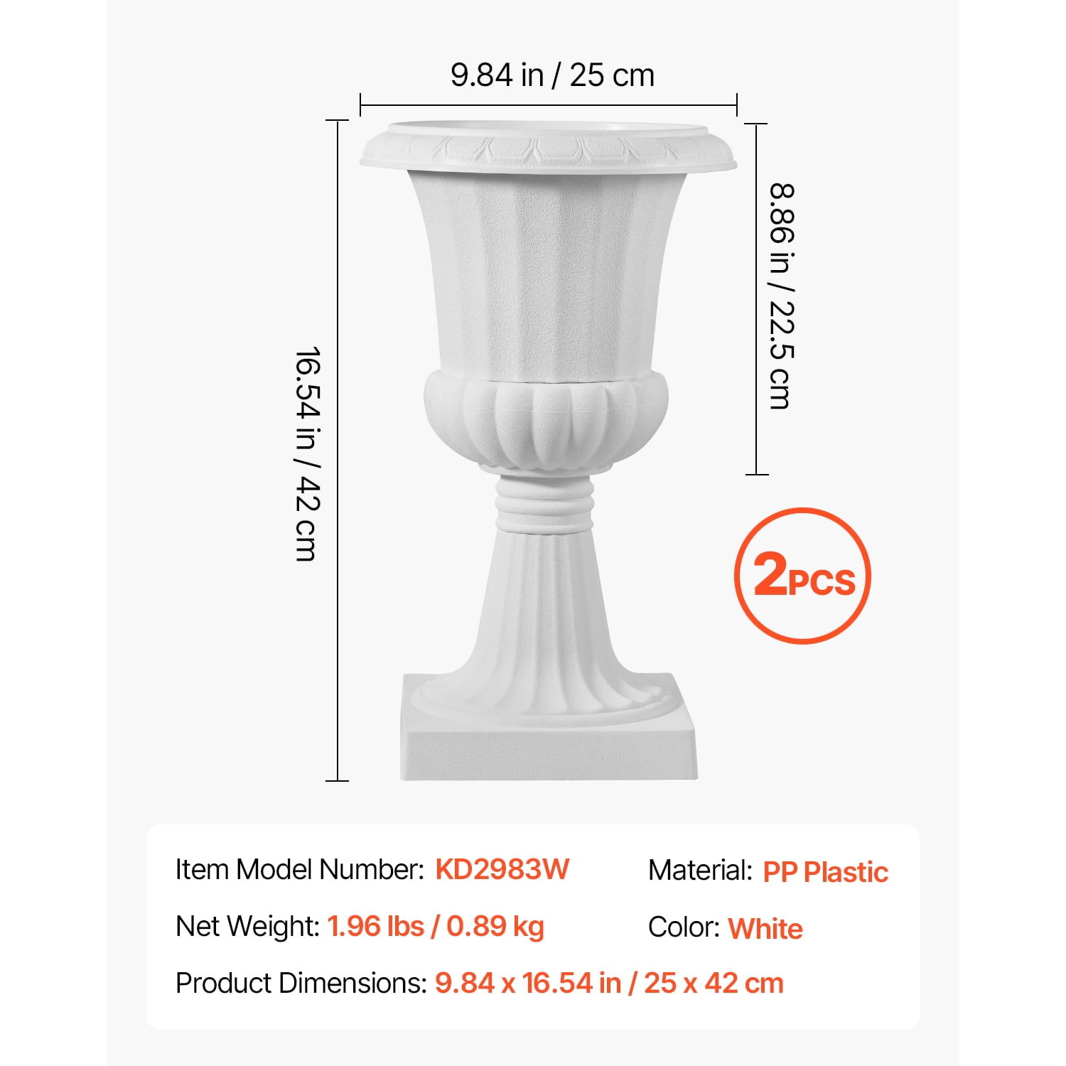 KFFKFF Plastic Urn Planters, 9.8 x 16.5 Inch, Set of 2 White Decorative Flower Pots for Indoor & Outdoor Use, Ideal for Weddings, Events, Home, Garden, Balcony, Patio, and Stage Decorations