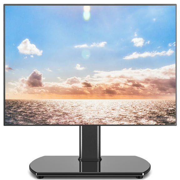 RTVR Modern Universal Tabletop TV Stand for 27-60 inch Screens, Black Swivel TV Mount Glass Base