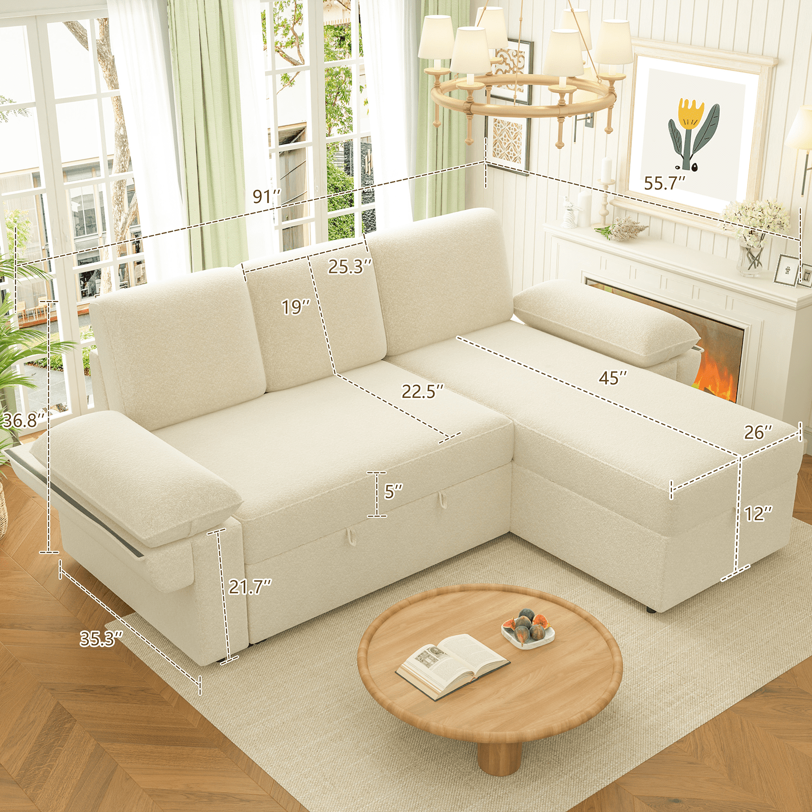 VANACC 91" Sectional Sofa with Storage and 3 Seat,Reversible Pull Out Couch for Living Room,Beige