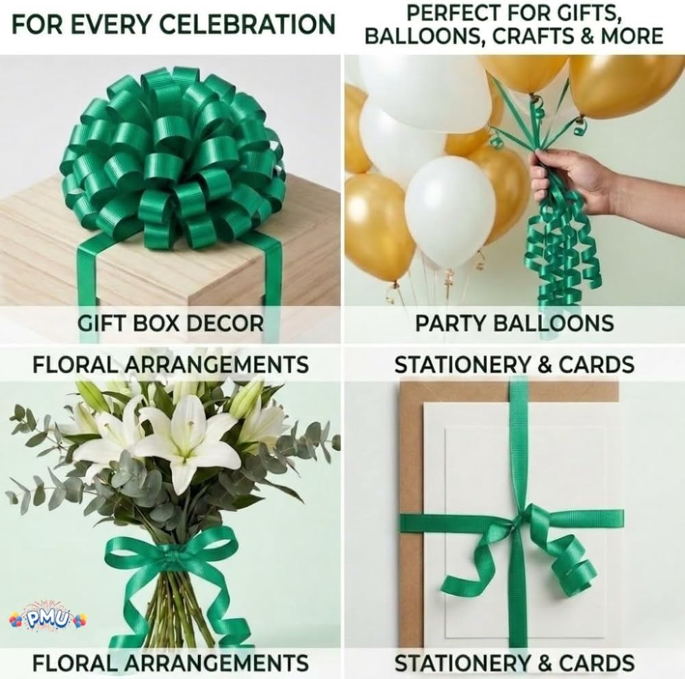 PMU 250 Yards x 3/8in Emerald Green Crimped Curling Ribbon String for Gift Wrapping Ribbon Balloon String Birthday Celebration Party Presents Decor, Festival Art Craft Accessories (1-250 Yard Rolls)