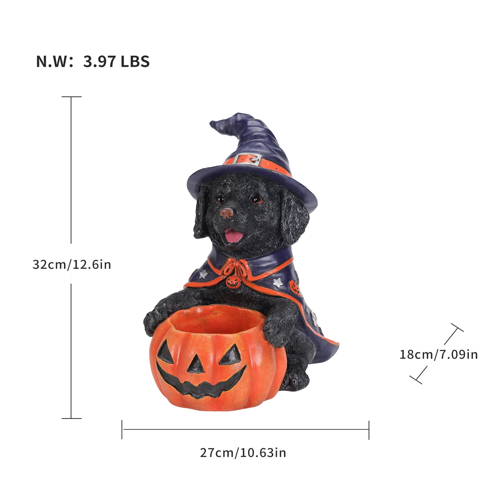 Labrador Puppy Halloween Candy Bowl with Witch Costume Pumpkin Holder Resin Tabletop Decor