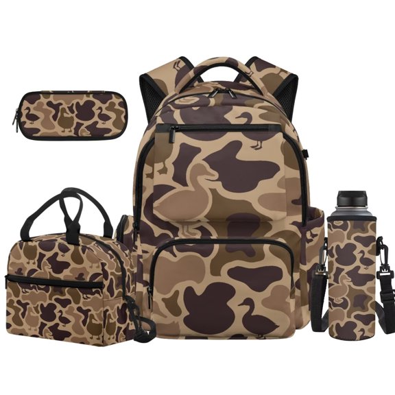 Yuyamidu Brown Duck Camo 17-Inch Kids Backpack Set, 4Pcs School Bookbag with Lunch Box Pencil Case Water Bottle Sleeve for Teens Boys Girls Outdoor Travel