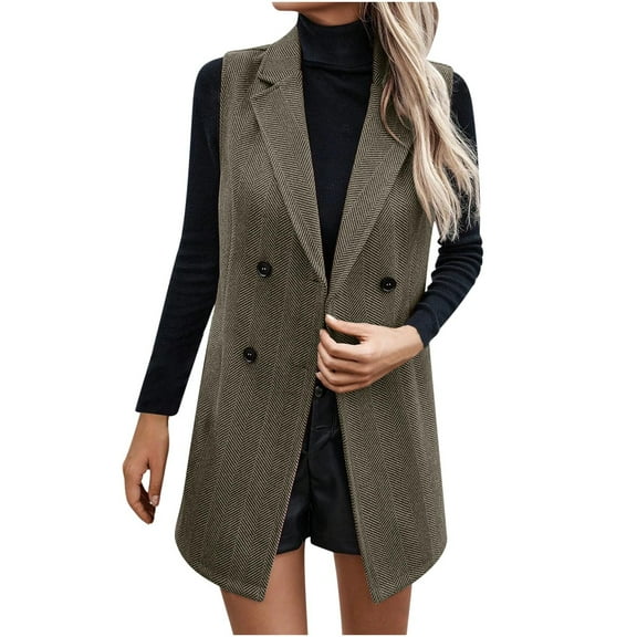 jtjvou Long Vest for Women Sleeveless Tweed Blazer Jacket Sleeveless Pocket Outerwear Longline Trench Coat Gray M