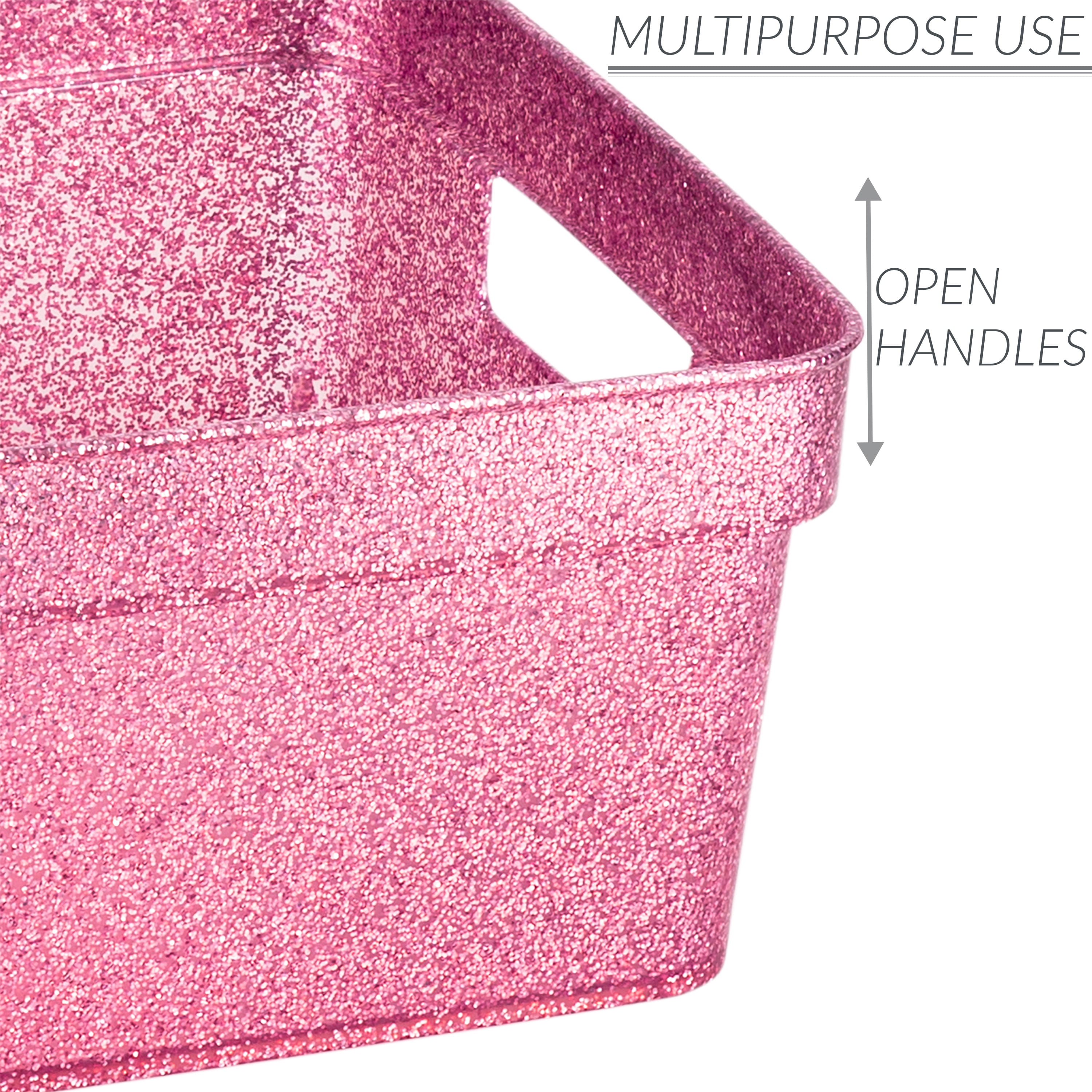 Simplify 3 Pack Small Plastic Glitter Storage Tote Baskets, Pink