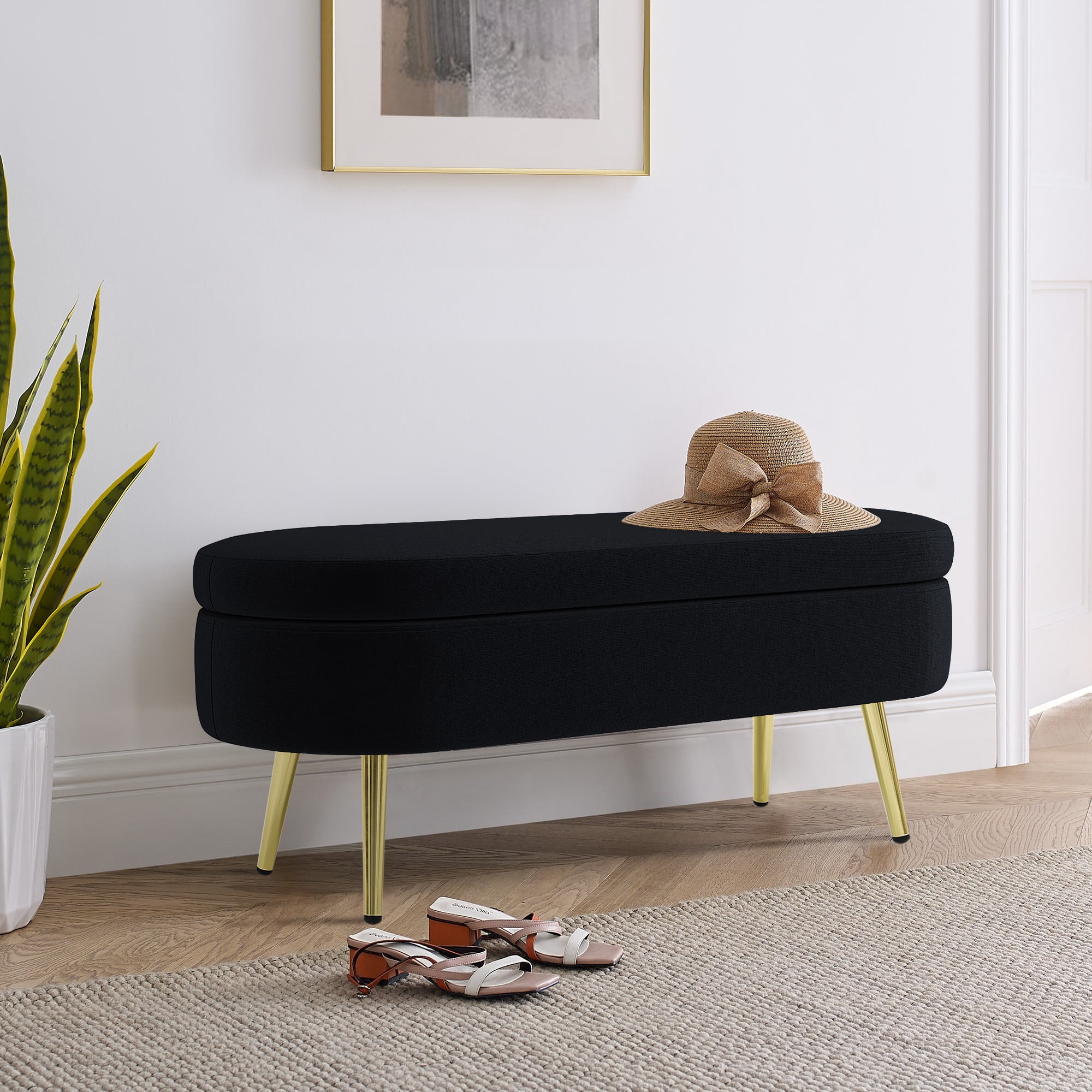 Oval Flannel Storage Ottoman Bench, Upholstered Footstool with Metal Legs, 43.5"x16"x16", 250lbs Capacity for Home Decor