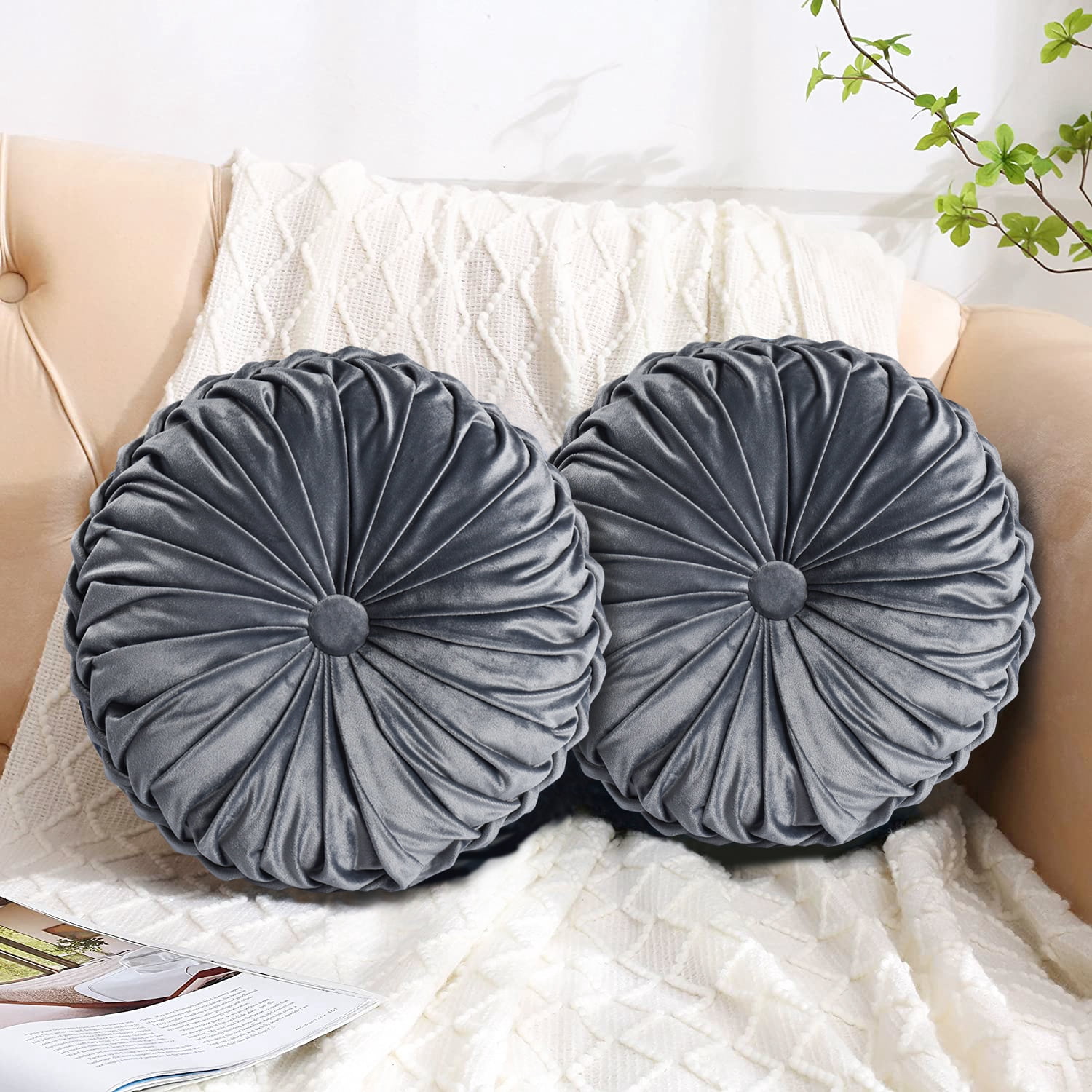 HIG Set of 2 Pumpkin Pleated Round Throw Pillows, Soft Velvet, Dark Gray, 14.5" Diameter