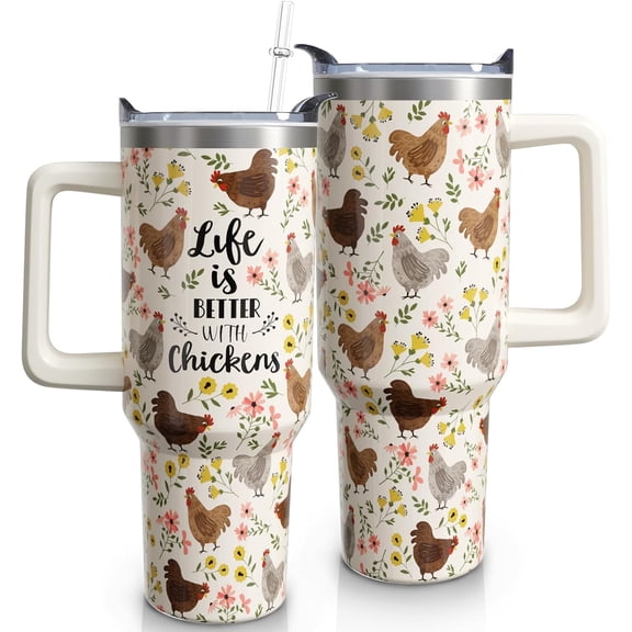 40 oz Chicken Tumbler with Handle and Straw, Floral Rooster Stainless Steel Vacuum Insulated Travel Coffee Mug Cup Water Bottle, Chicken Stuff Accessories Decor, Rooster Gifts for Women Girls