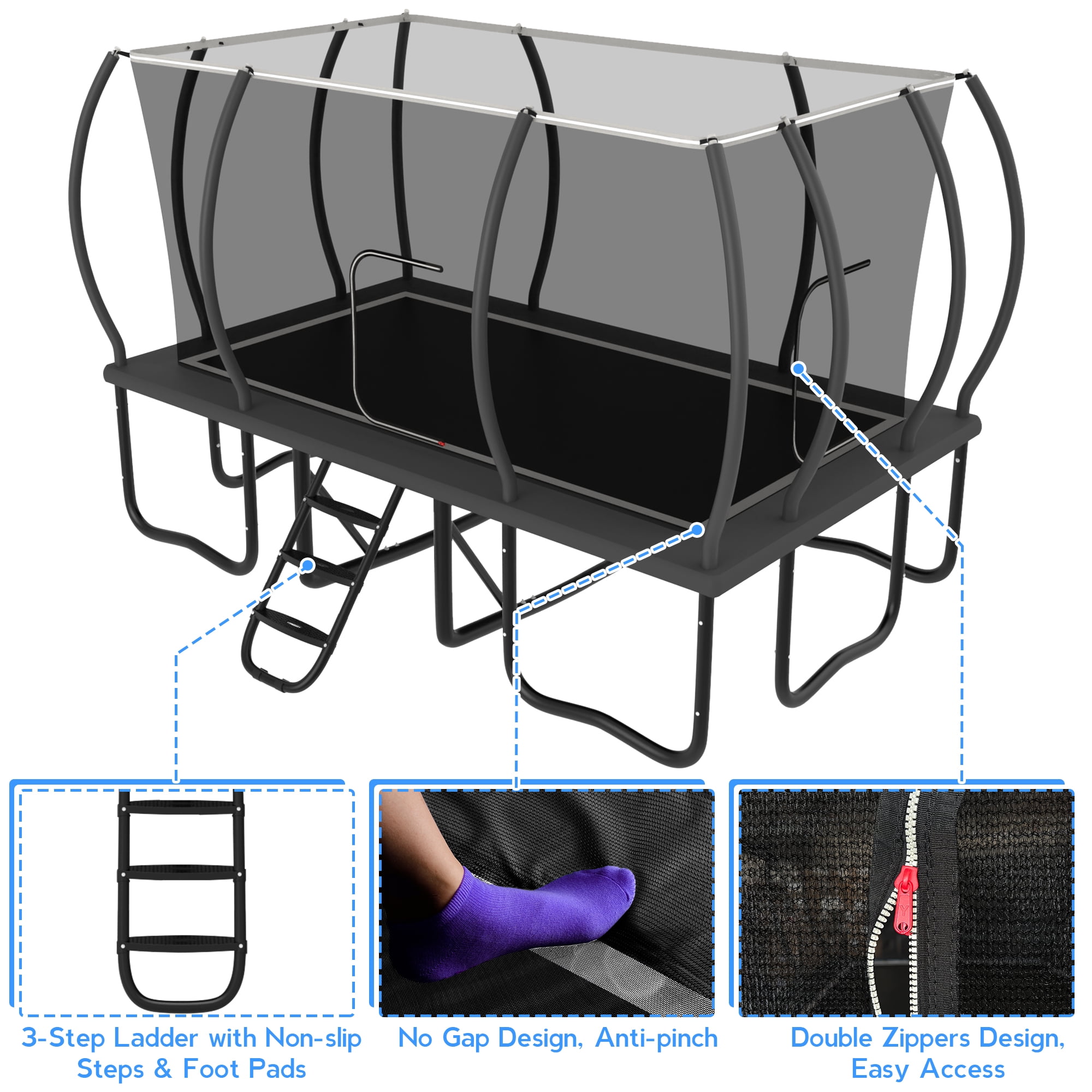 YORIN Trampoline, 10FT x 17FT Rectangular Trampoline for Kids Adults, 2000LBS Recreational Large Trampolines with Enclosure Net, Non-Slip Ladder, Galvanized Heavy Duty Outdoor Trampolines