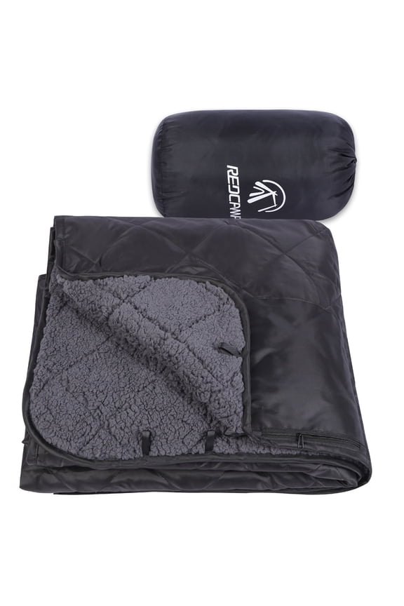 Waterproof Insulated Camping Blanket with Sherpa Lining, Windproof, Water-Resistant, 59x79 inches, Black