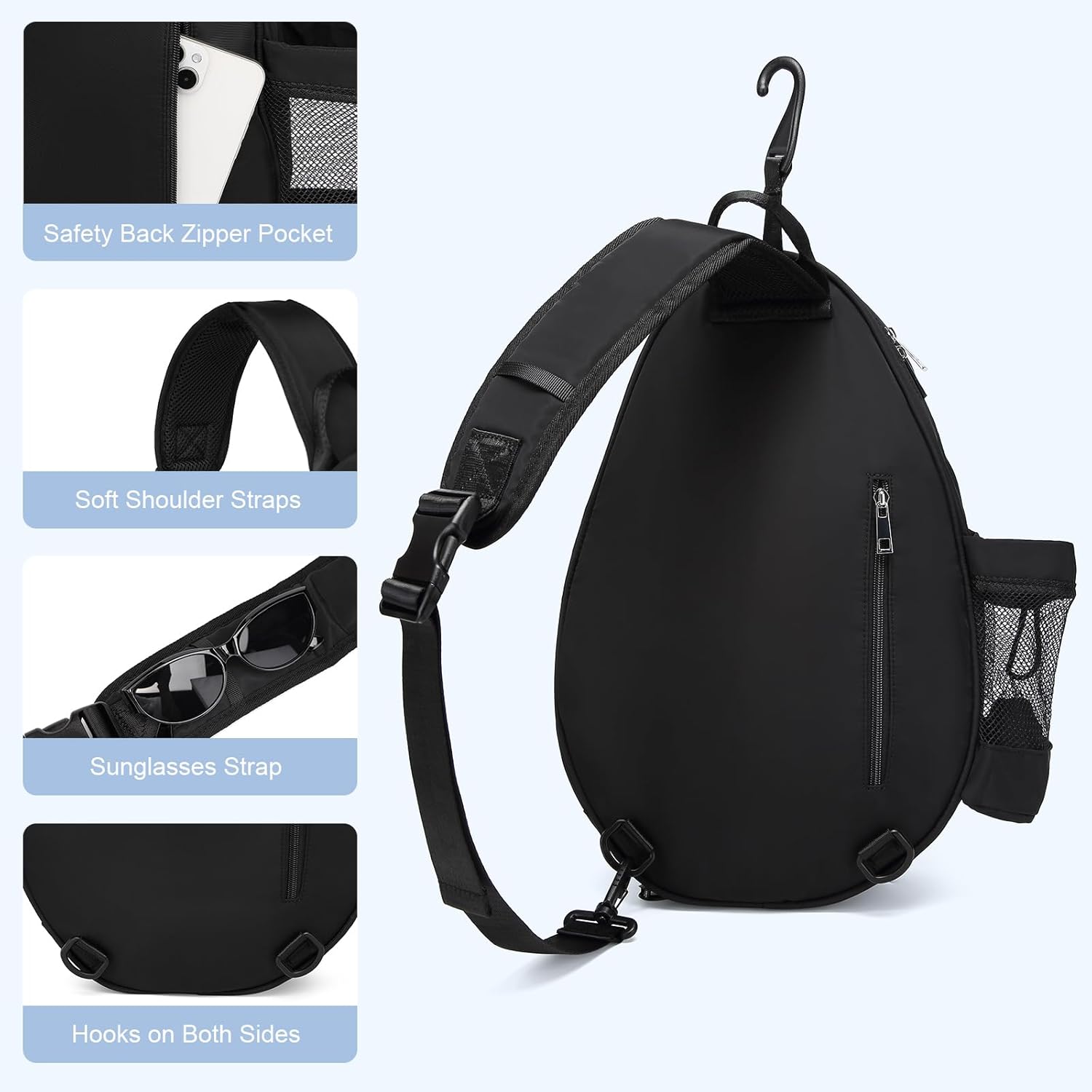 Quilted Tennis Backpack for 2 Rackets, Sleek Waterproof Sling Bag with Security Pocket for Tennis, Pickleball & Padel, Crossbody Sport Bag for Men & Women