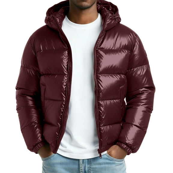 Paiwinds Men's Shiny Reflective Hooded Down Jacket with Zipper Closure and Pockets for Warm Lightweight Winter Wear in Casual and Outdoor Activities