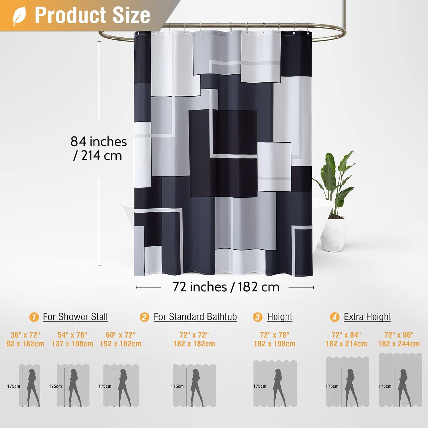 Extra Long Fabric Shower Curtain - 72 x 84 Inches Long Geometric Cloth Shower Curtain Set with 12 Plastic Hooks, Large Hotel Modern Abstract Polyester Curtains for Bathroom Showers - Black